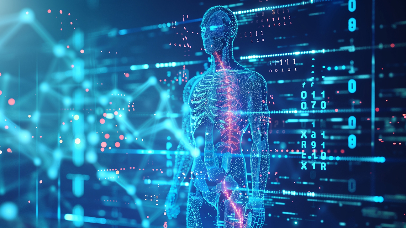 A visual representation of computational biology, with a digital version of the human body surrounded by computational data.